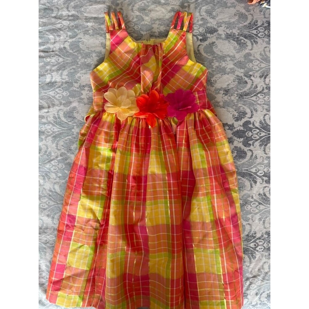 Bonnie Jean Girls Plaid Dress sz 8 Floral Applique Party Spring Y2K